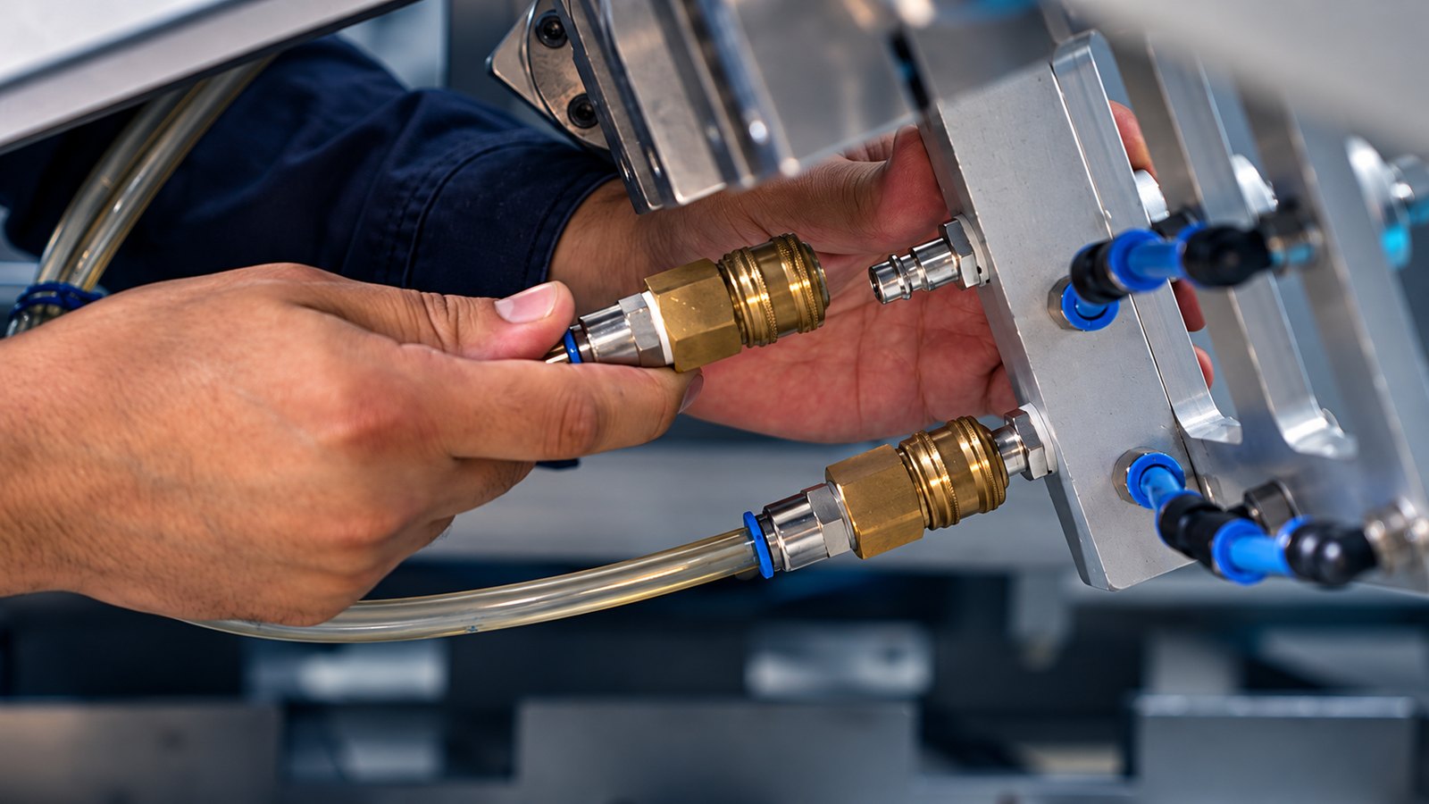 Hände verbinden eine Pneumatikkupplung an einem Bauteil