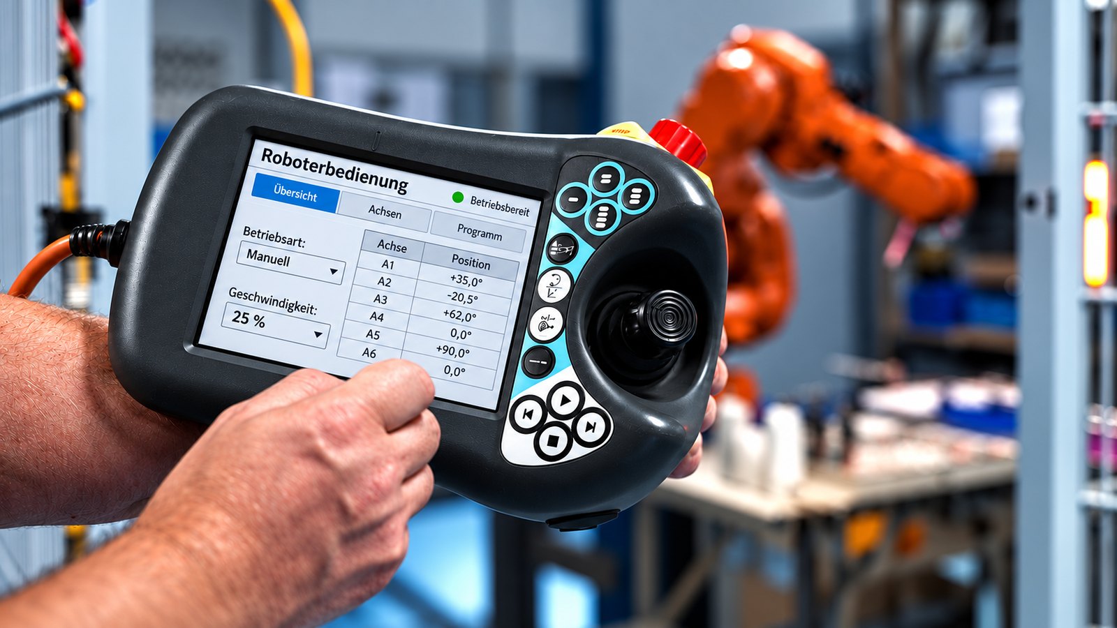 Hände am Handbediengerät mit Bildschirm zur Roboterbedienung