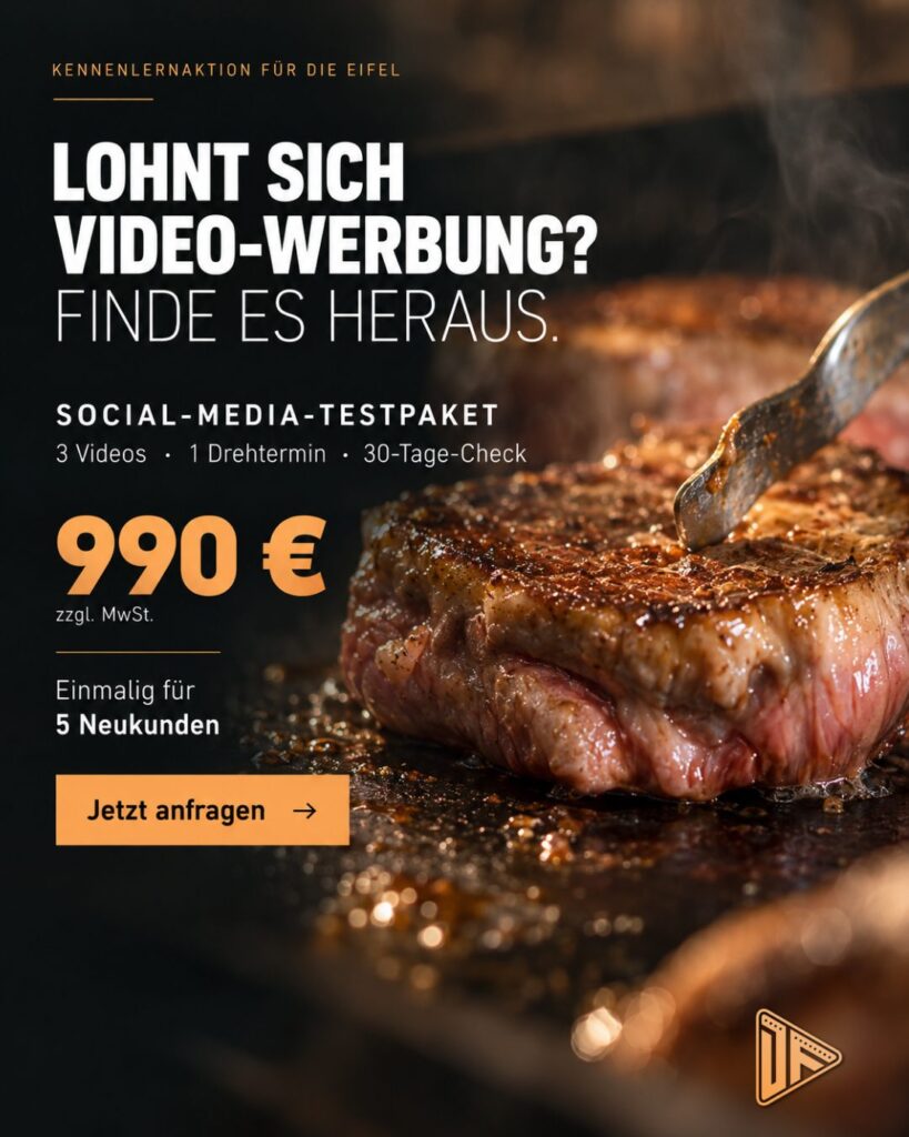 Grill mit der Frage, ob sich Videowerbung lohnt. Social-Media-Testpaket, 990 Euro zuzüglich Mehrwertsteuer.